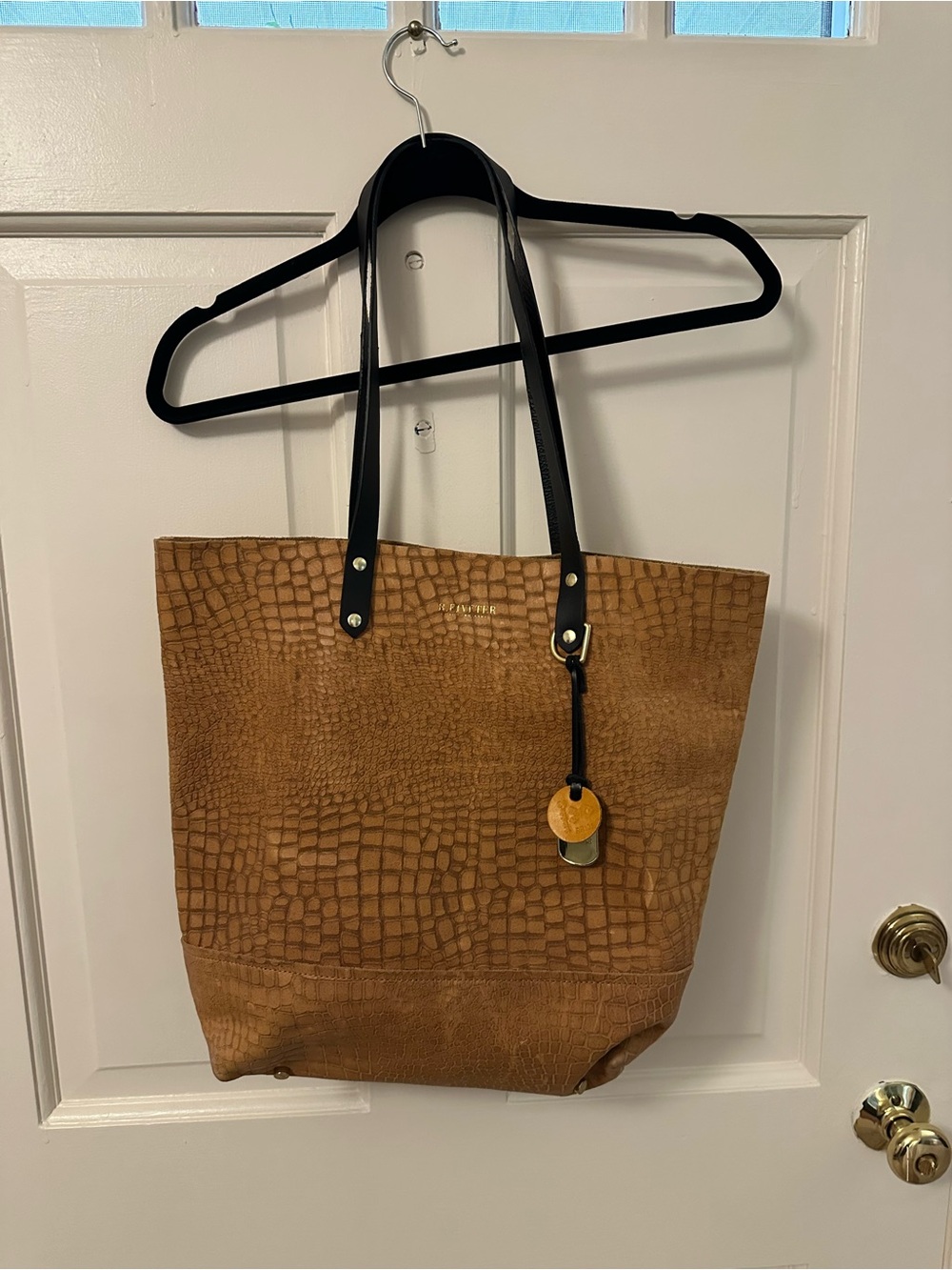 Cognac Croc-Embossed Suede Tote with Black Straps